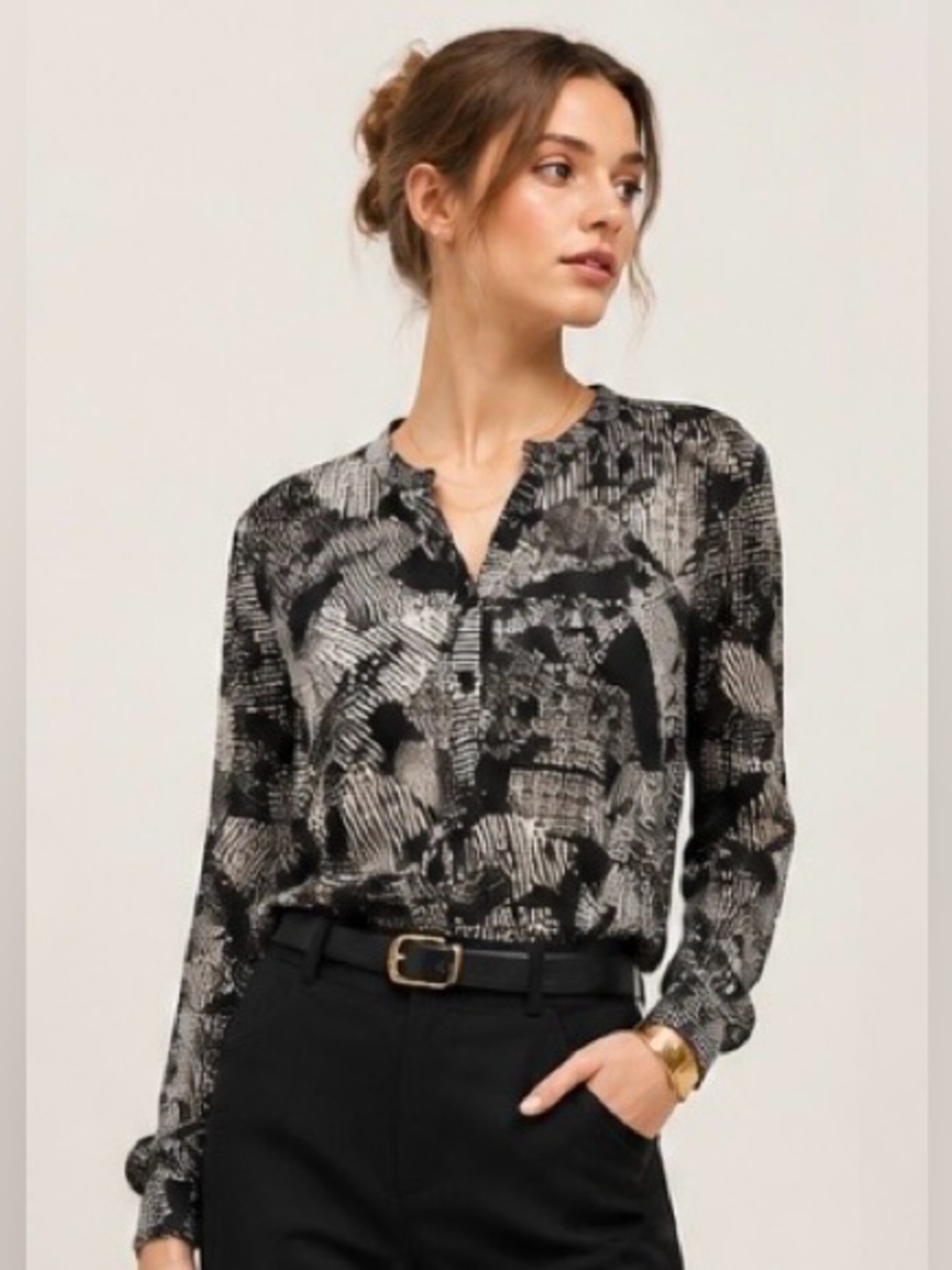 REBECCA TAYLOR Blouse Anthropologie 100% Silk Black White Popover